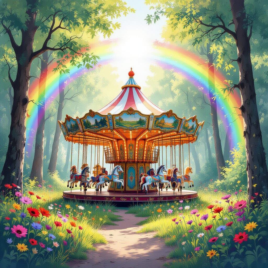Rainbow Over Abandoned Carousel in Sunlit Fairytale Forest
