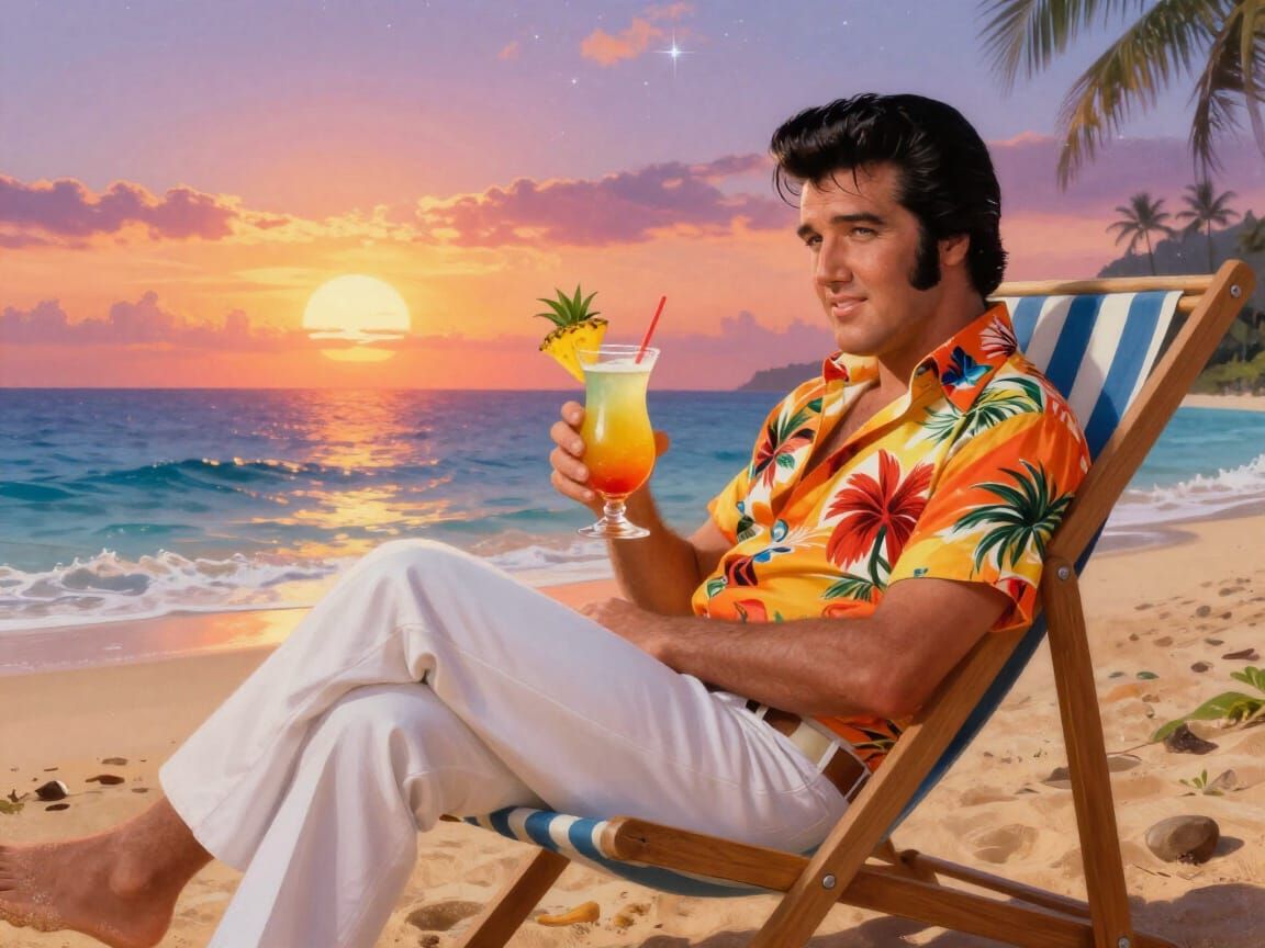 Shows Elvis Presley sitting on a deckchair drinking a fruit cocktail by the sea on a beach in Hawaii at sunset. hyperdet...