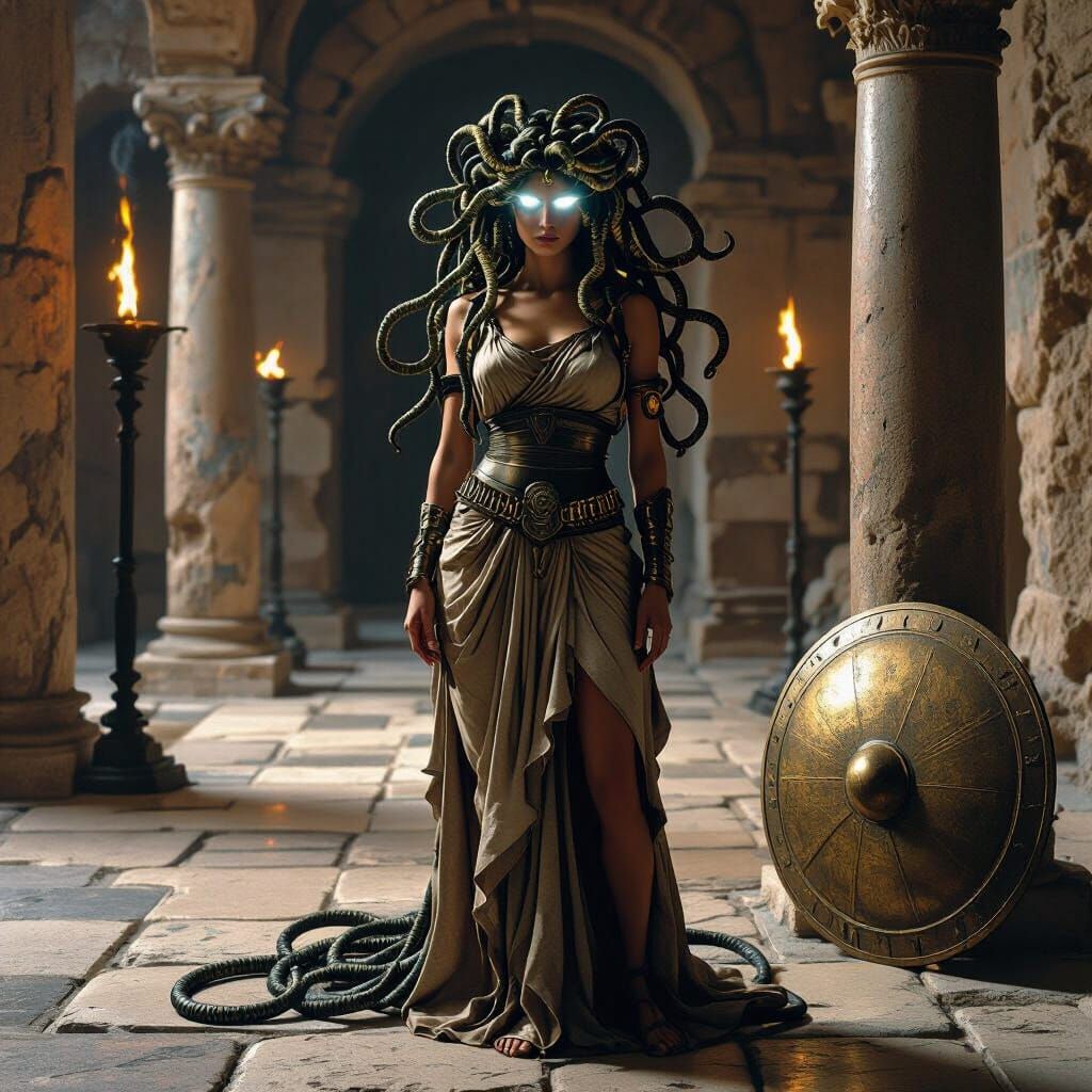 Medusa in Roman Temple with Serpent Hair