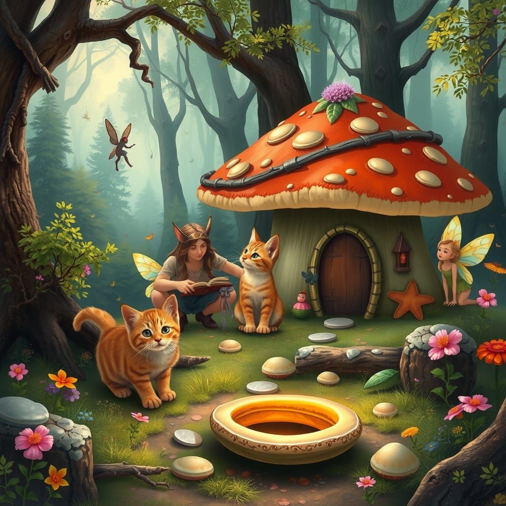 Kittens Assist Woodland Fairies and Elven Queen in Whimsical...