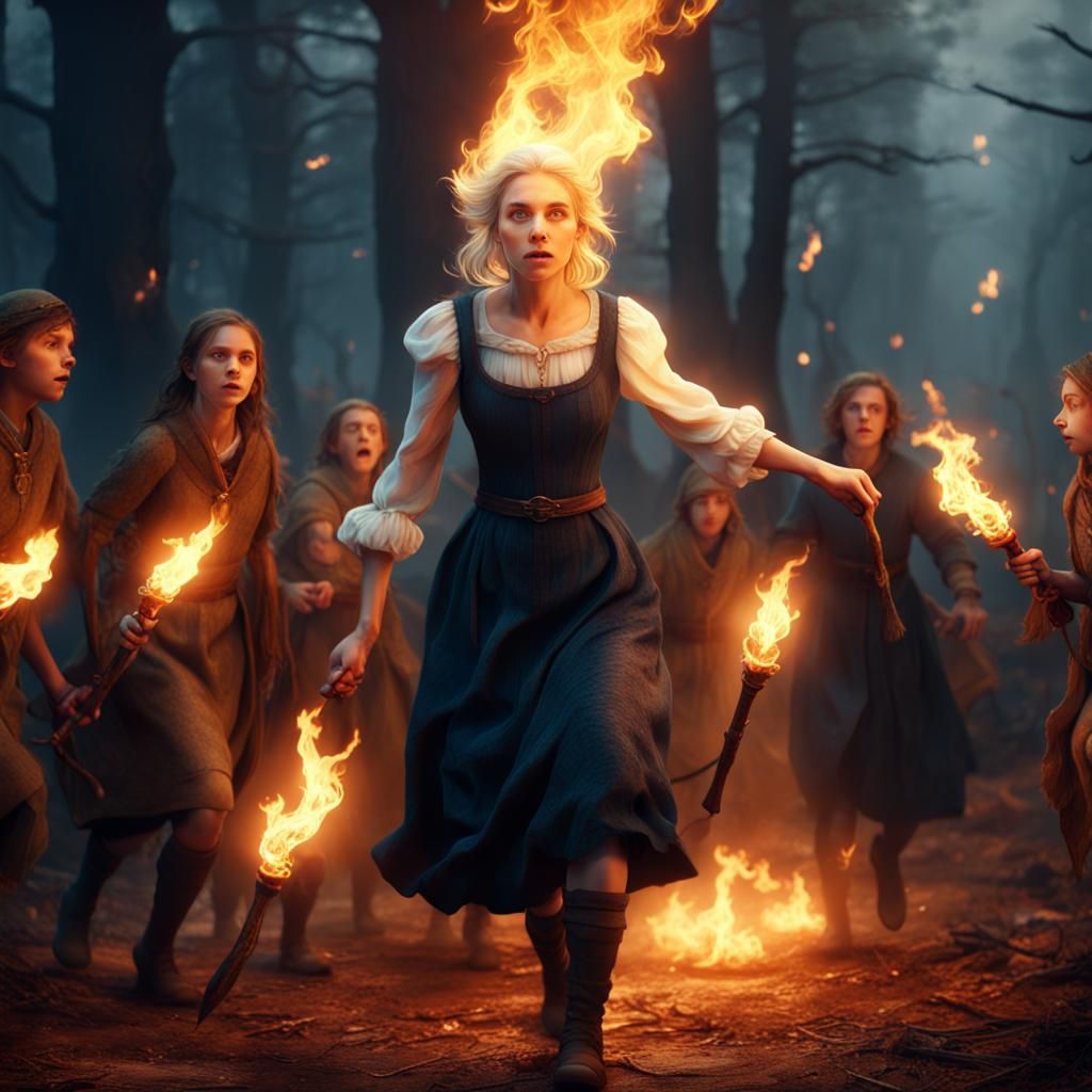 Pilgrims Chase Girl with Torches: Fantasy Concept Art