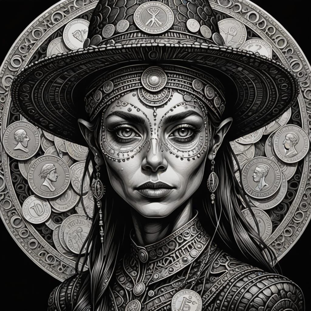 Alien Woman Portrait Made of Coins in Detailed Ink Drawing