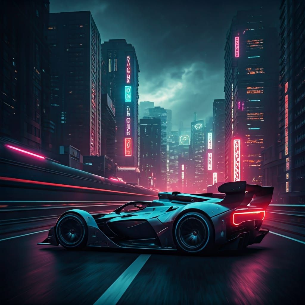 Cyberpunk Racing Car on Neon Highway