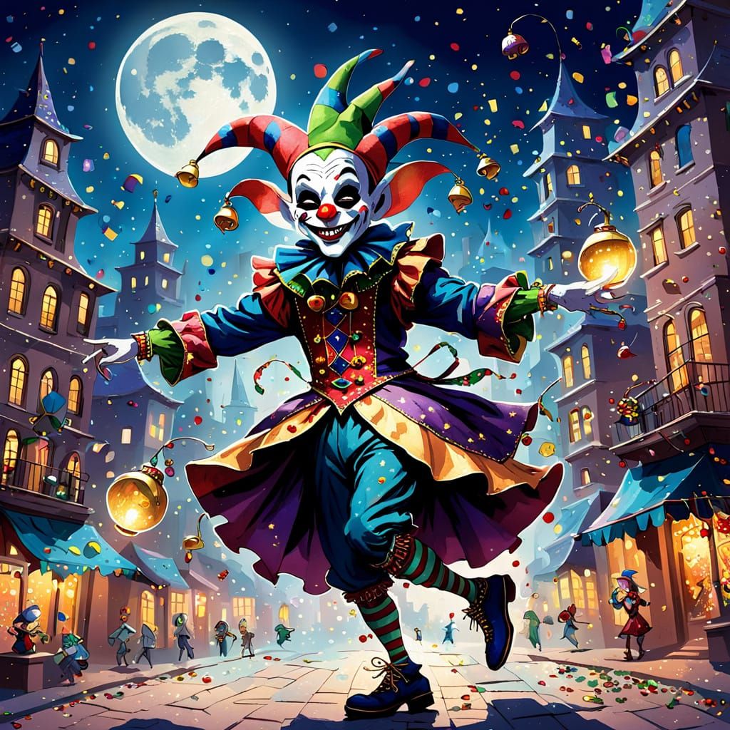 Mischievous Jester Dances Through Moonlit Cityscape