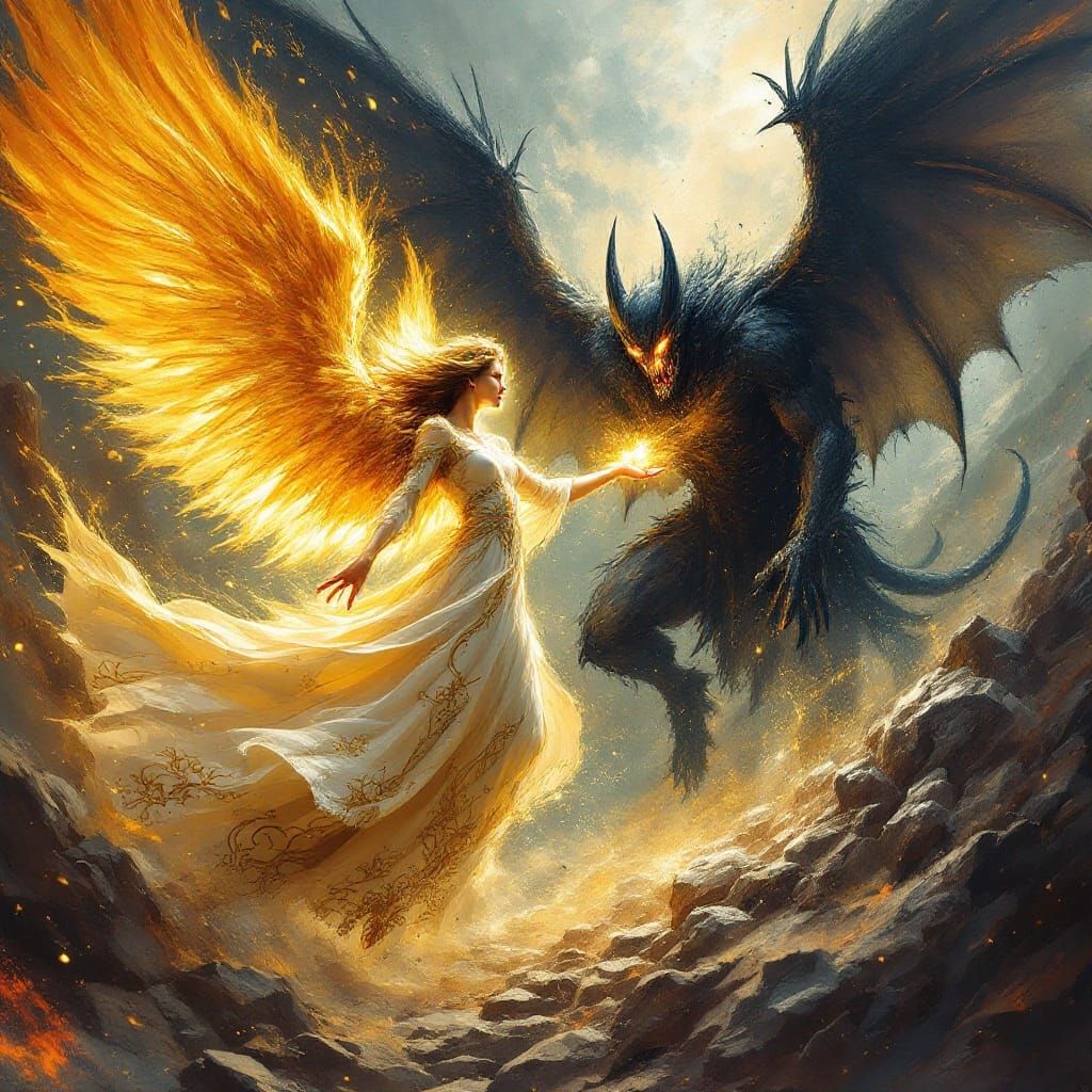 Divine Warrior Engages Dark Beast in Fiery Combat