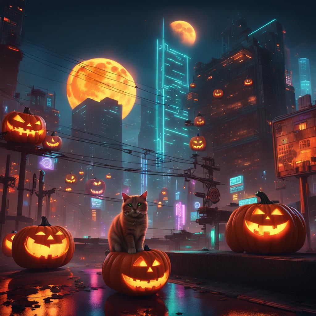 Cyberpunk Cityscape with Cat and Pumpkin Moon