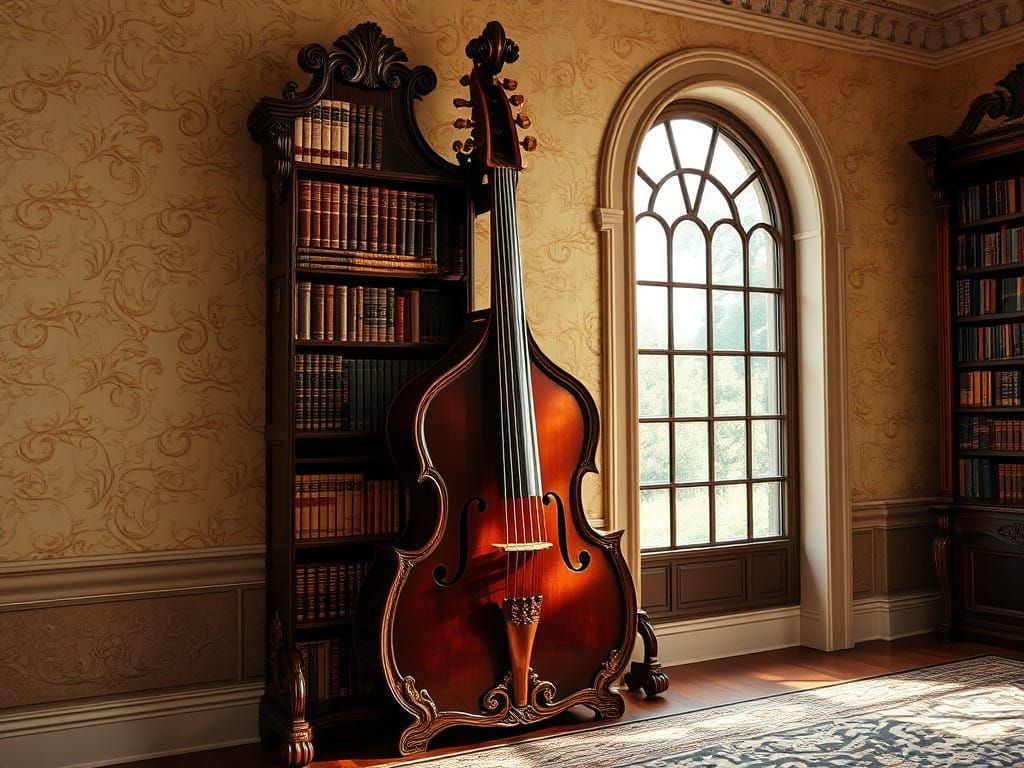 Elegant Cello-Shaped Bookcase in Luxurious Mansion