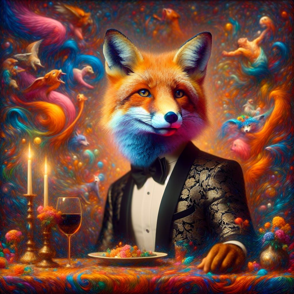 Dapper Fox in Tuxedo at Extravagant Dinner Party