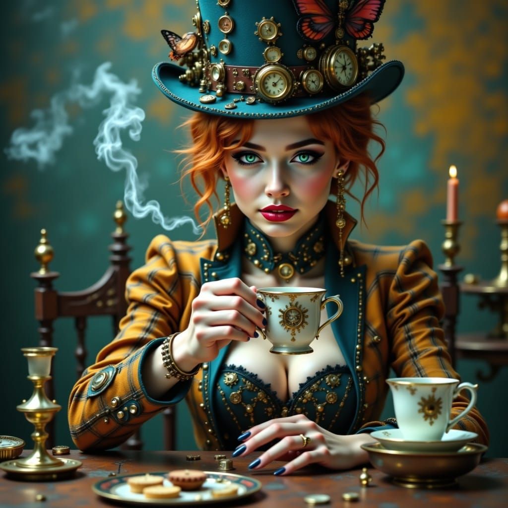 Steampunk Woman Sipping Tea in Whimsical Surreal Style