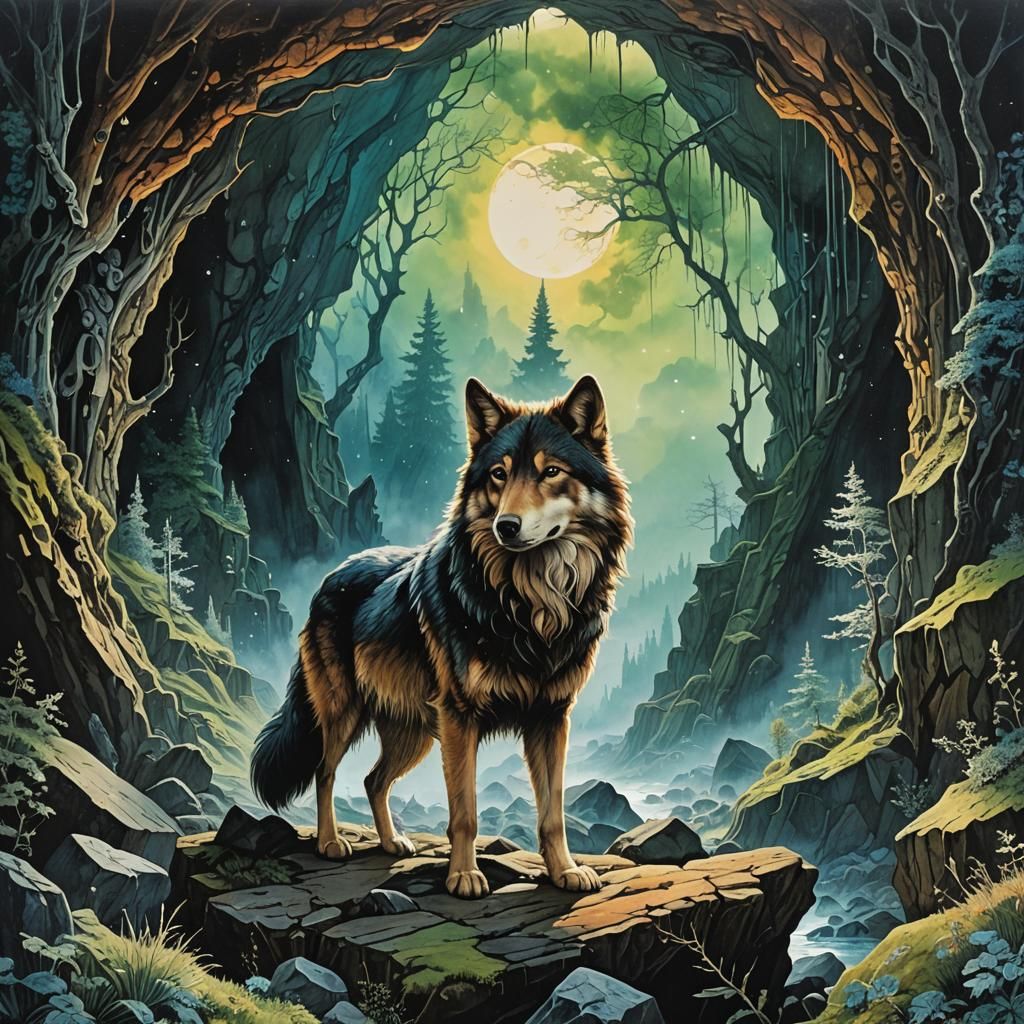 Ethereal Wolf in a Hyperdetailed Cavern