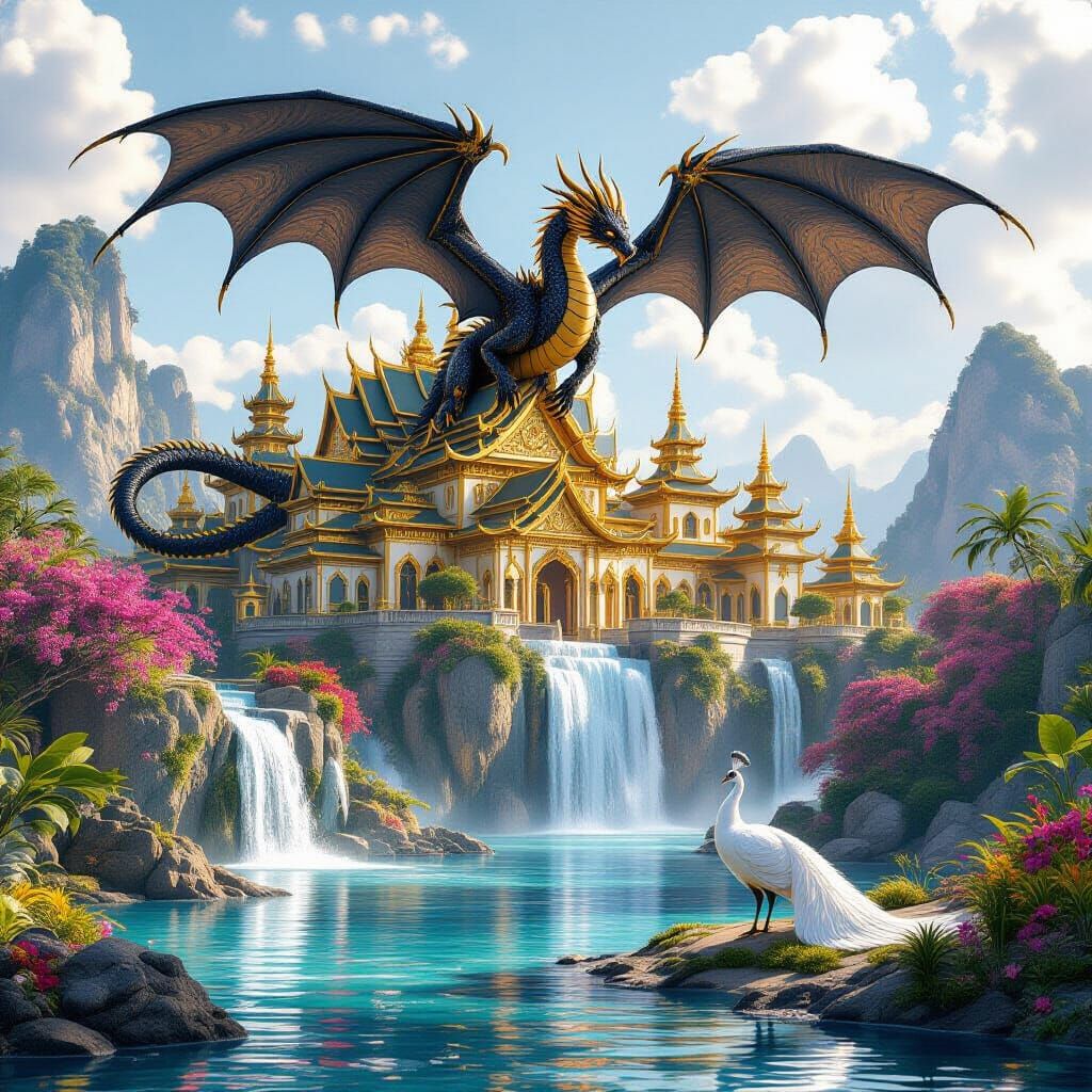 Black and Gold Dragon Over Golden Palace with Peacock