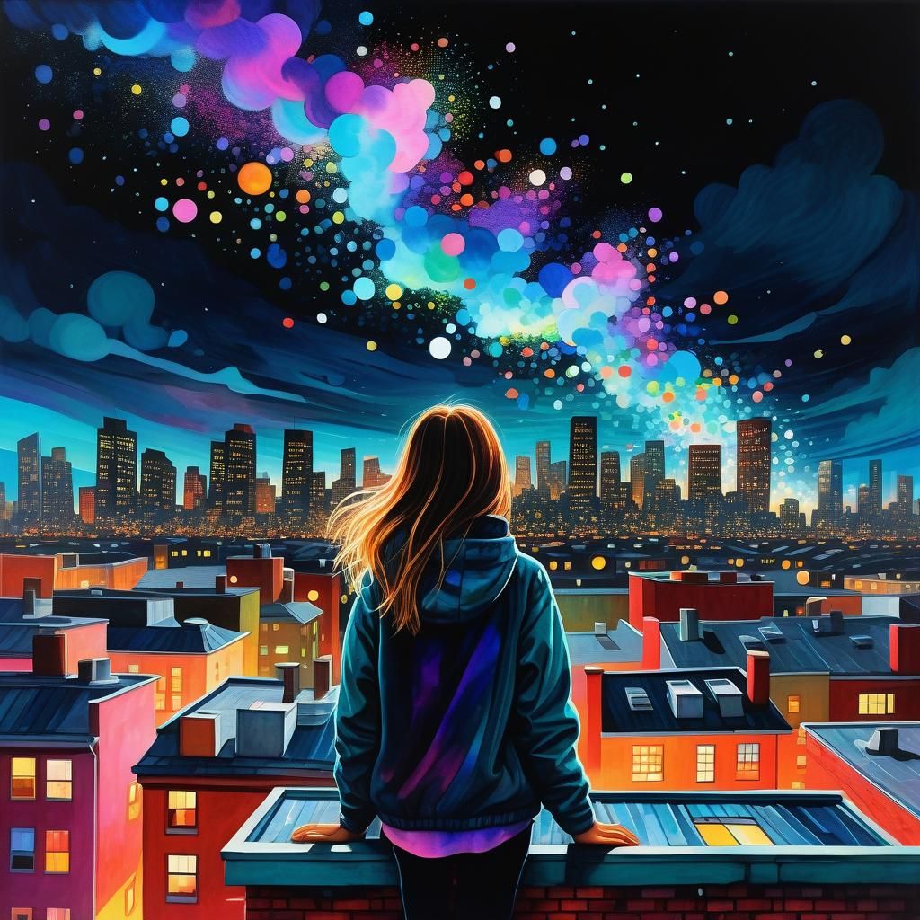As the city lights sparkle in the distance, a synthetism Spirit floats above the rooftops, her colorful aura radiating w...