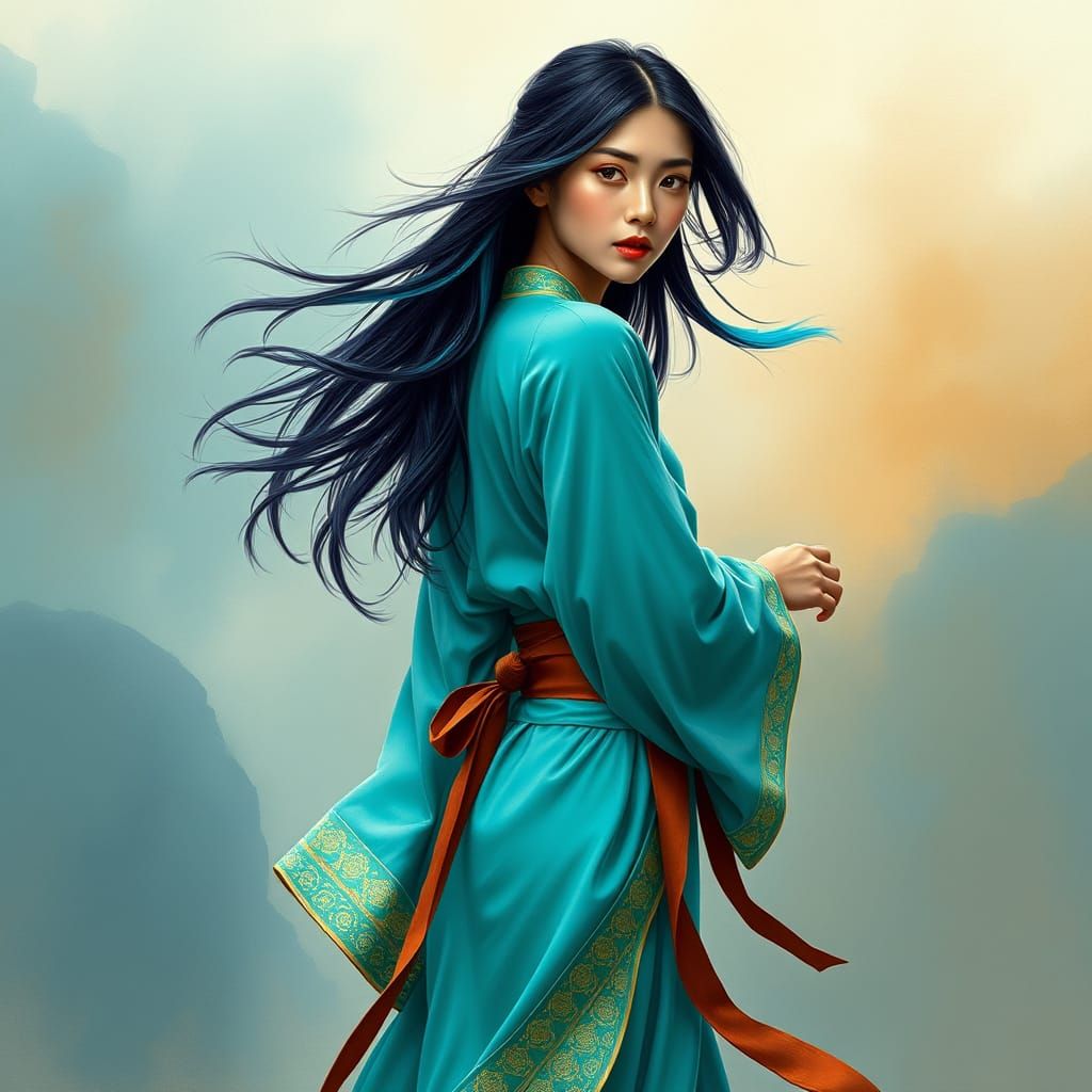 Chinese Woman in Turquoise Robe Against Dreamlike Backdrop