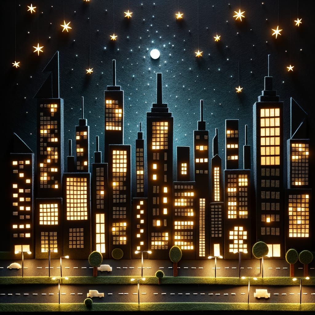 Felt Cityscape at Night with Glowing Windows