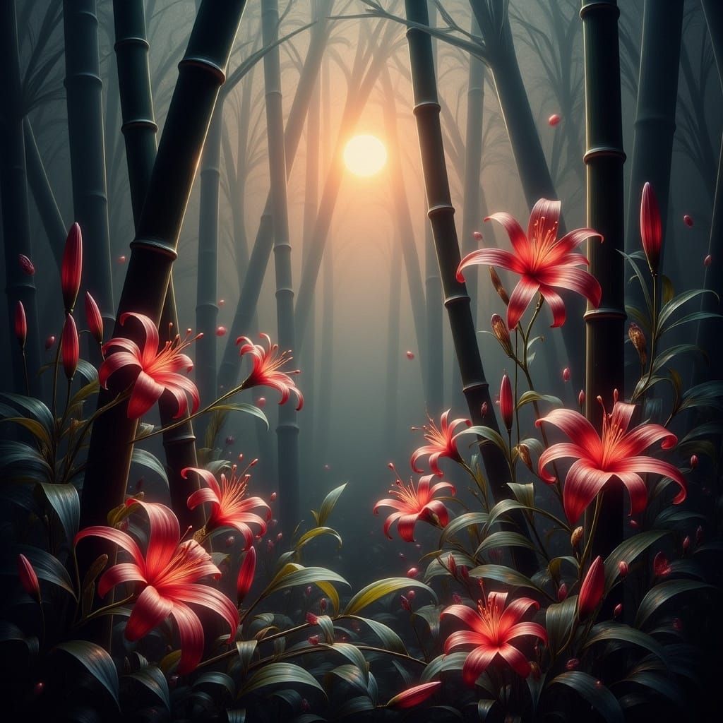 Enchanted Japanese Bamboo Forest with Spider Lilies