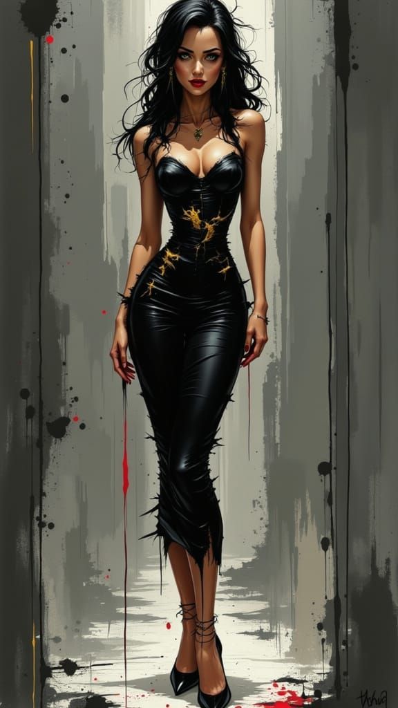 1950s Pin-Up Woman with Umbria Hair in Black Satin Dress