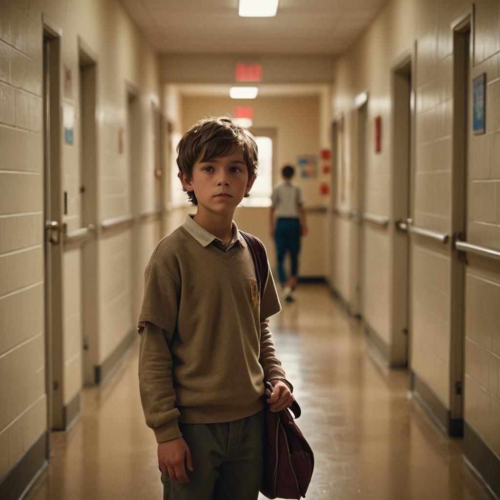 Kind Boy in School Hallway: Cinematic Film Still