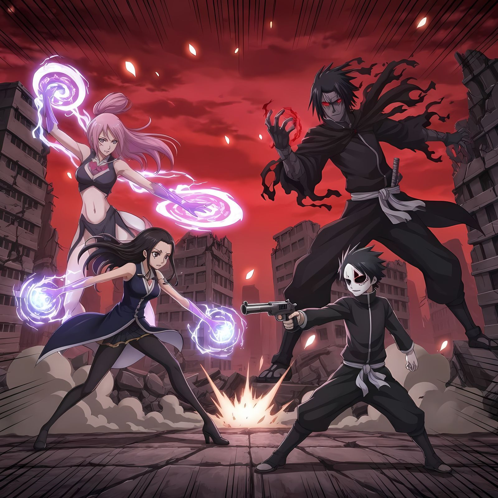 Anime Battle: Moon Magic vs Cursed Energy in Ruined City