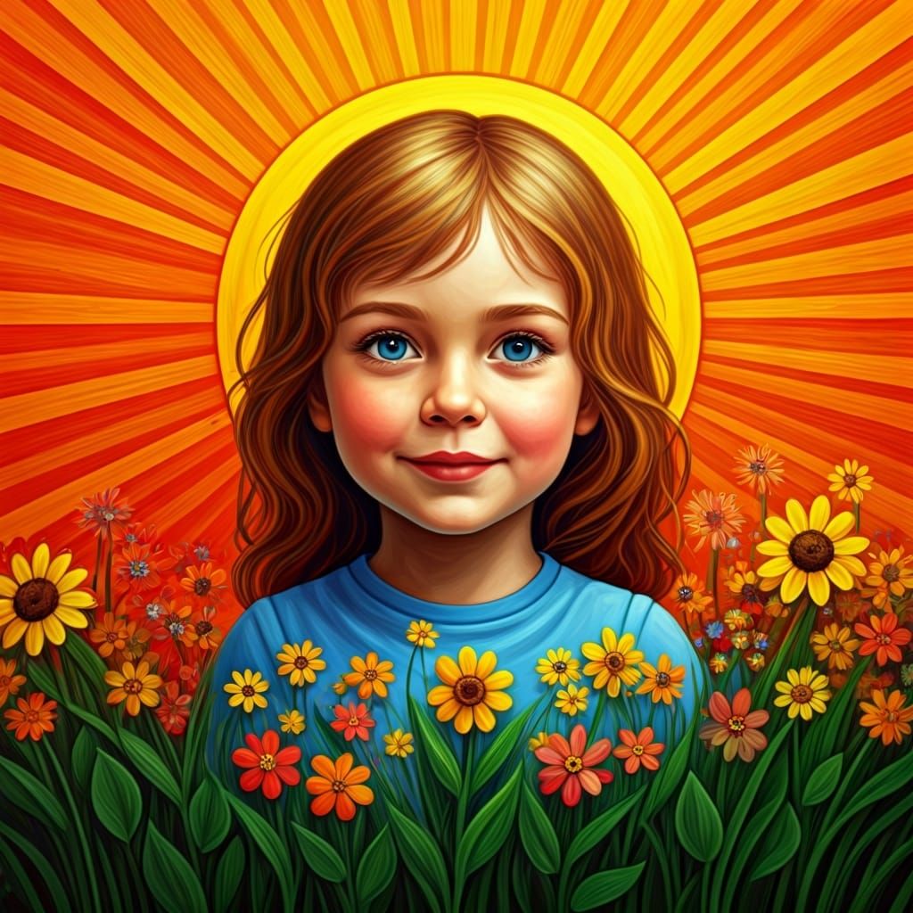 Naive Art: Child, Sun, and Flowers