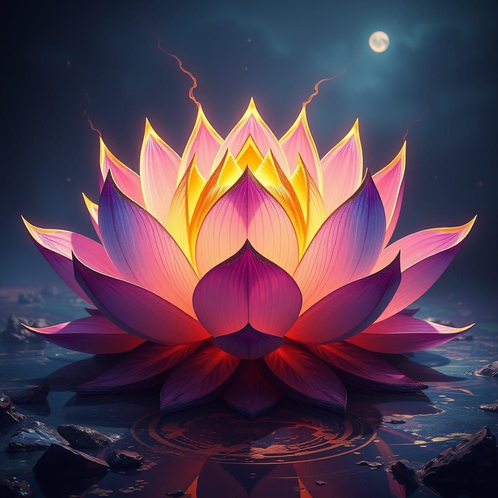 Sapphire and Gold Lotus in Vibrant Fantasy Realm