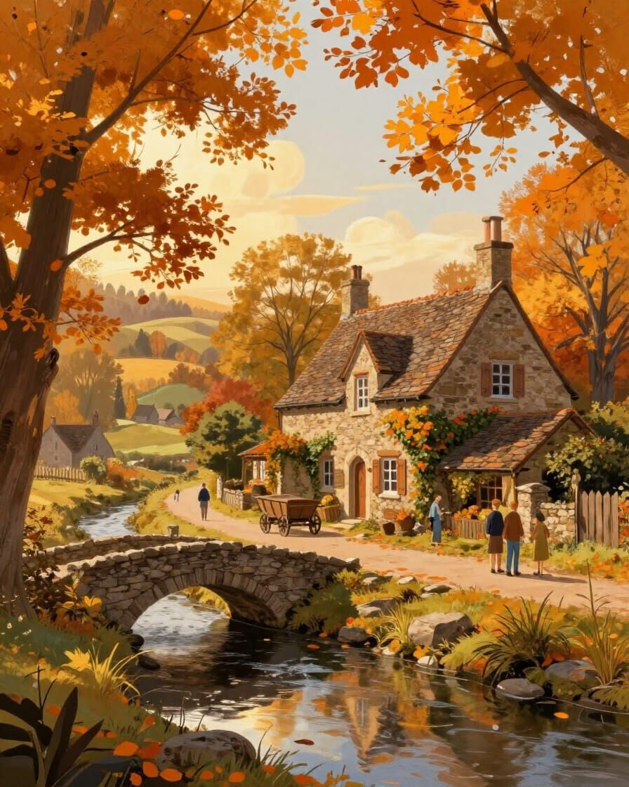 Fantasy Autumn Cottage Scene with Painterly Trees