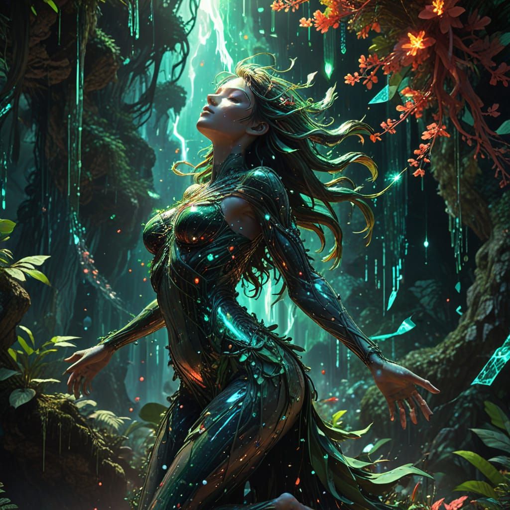 Ethereal Goddess Rises from Tropical Abyss in Glitchcore