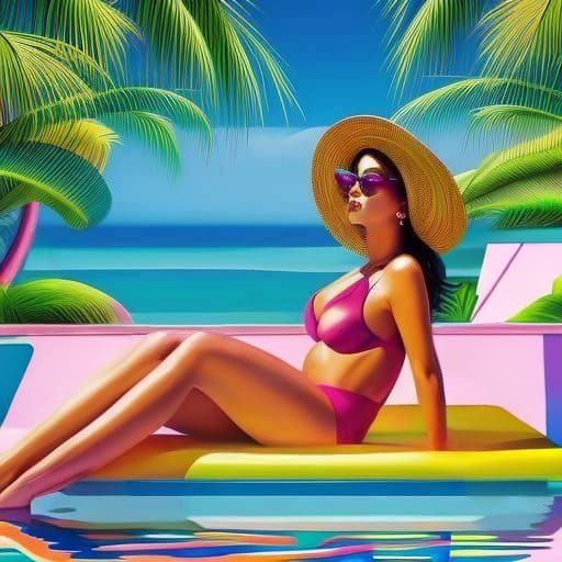 Woman Lounging Poolside in Candy Art Style