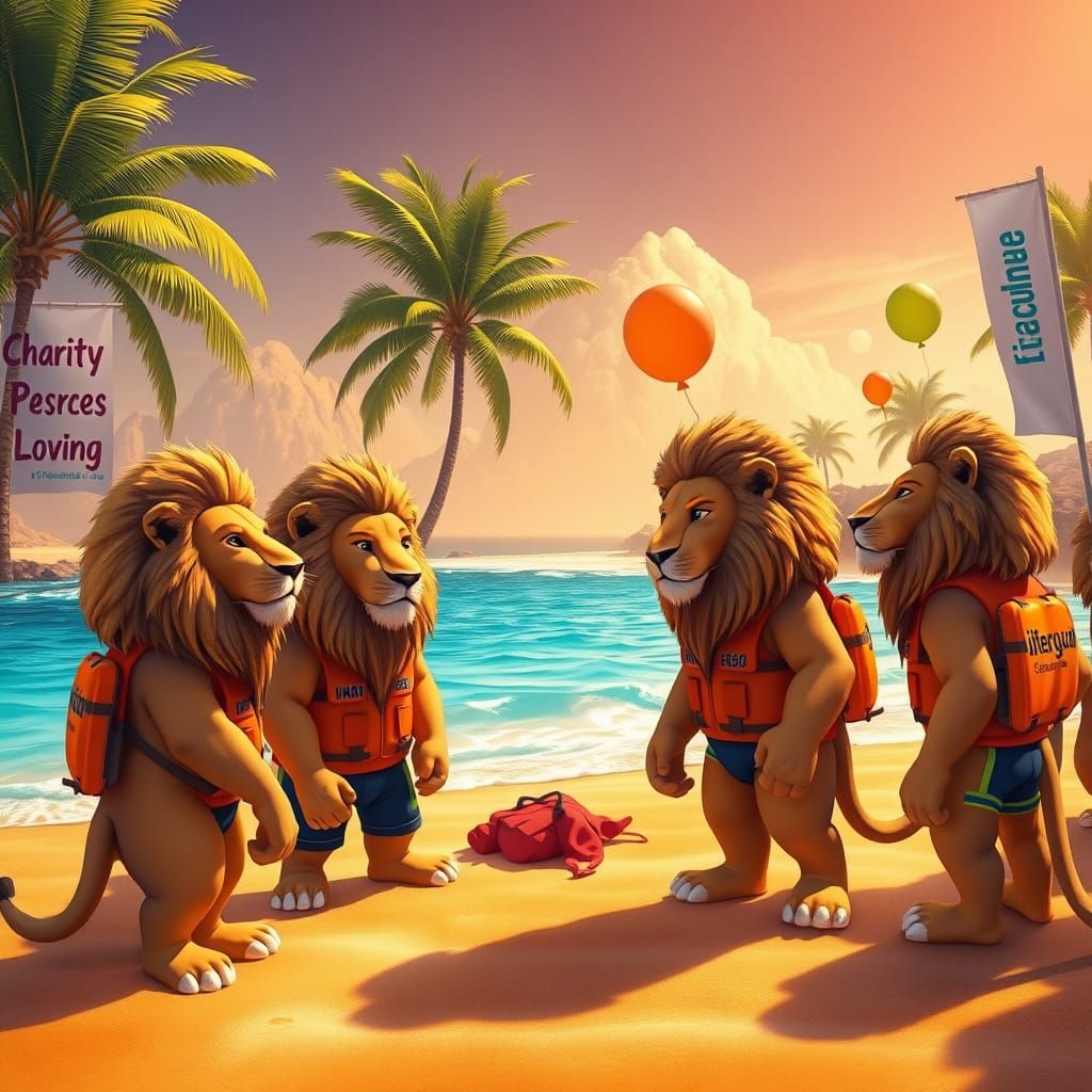 Anthropomorphic Lions Learn Lifeguarding in Vibrant, Tropica...