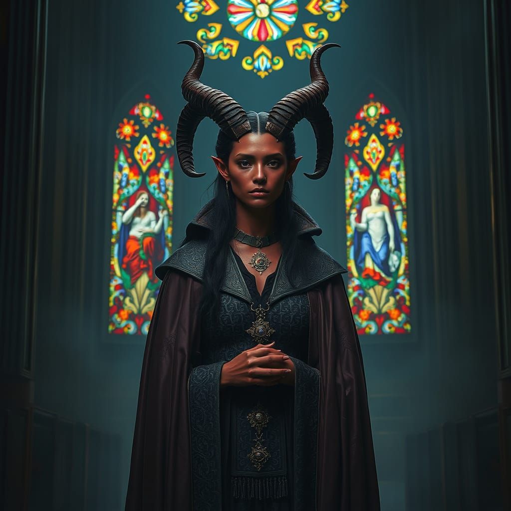 Mystical Priestess in Dimly Lit Chapel