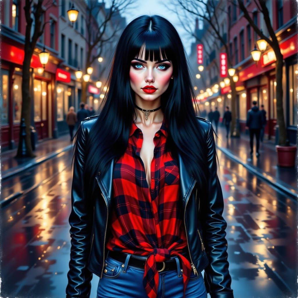 Gothic Woman in Urban Night Scene, Watercolor Style