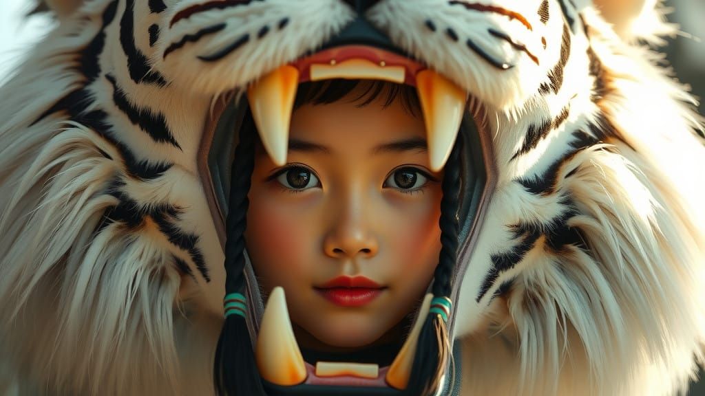 Girl's Radiant Face Peers Out from Majestic White Tiger Cost...
