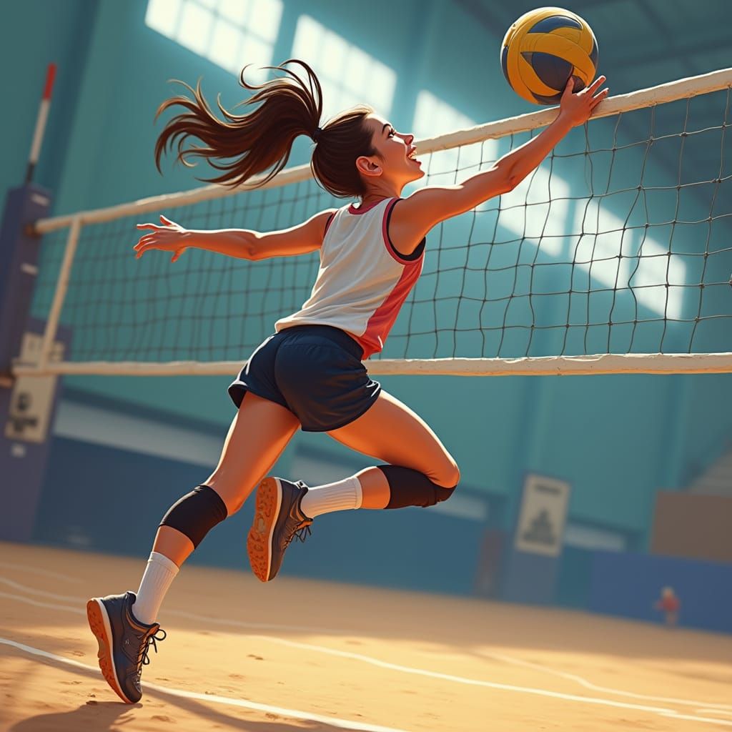 Volleyball Player Mid-Spike, Painterly Style