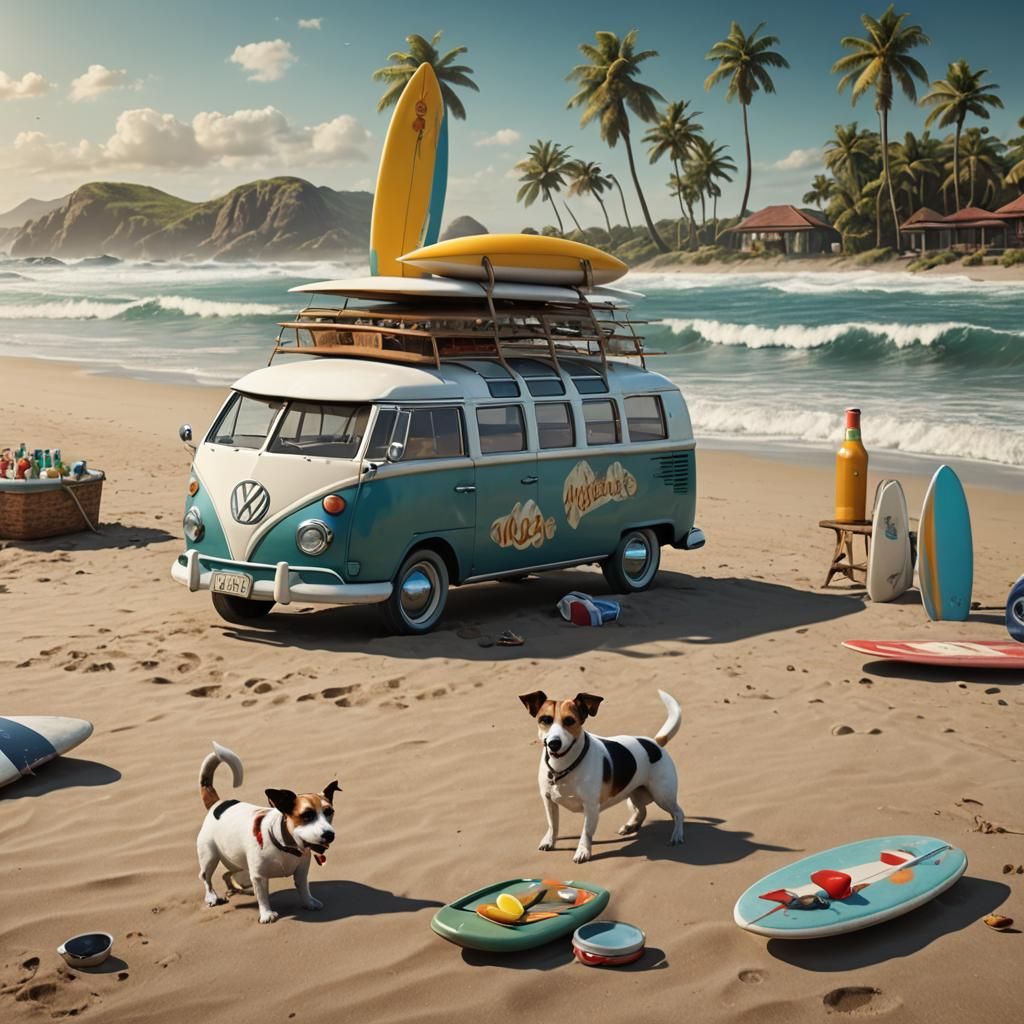 Vintage VW Bus on Beach with Jack Russell, Matte Painting