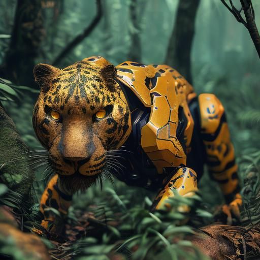 Futuristic Mechanoid Panther Crawling Through Jungle