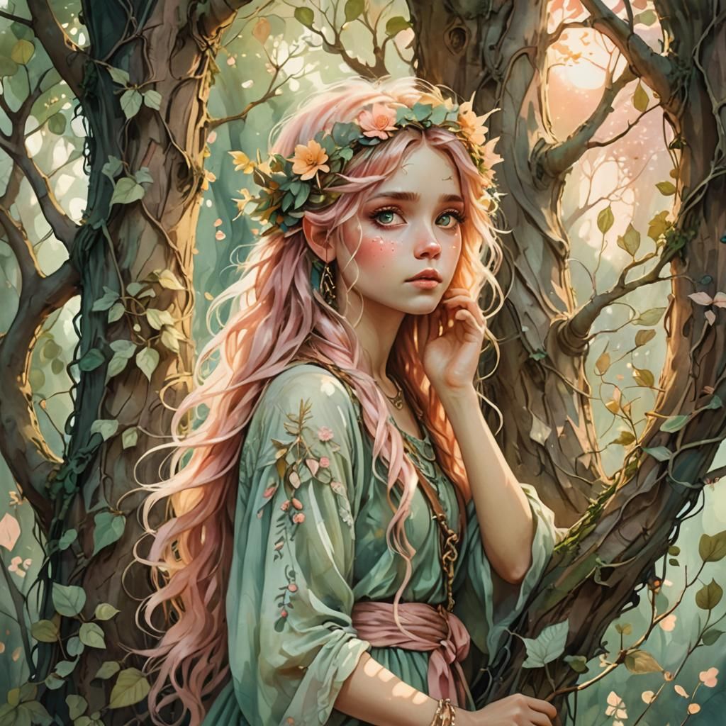 Boho Punk Fairy in Mystical Forest Watercolor