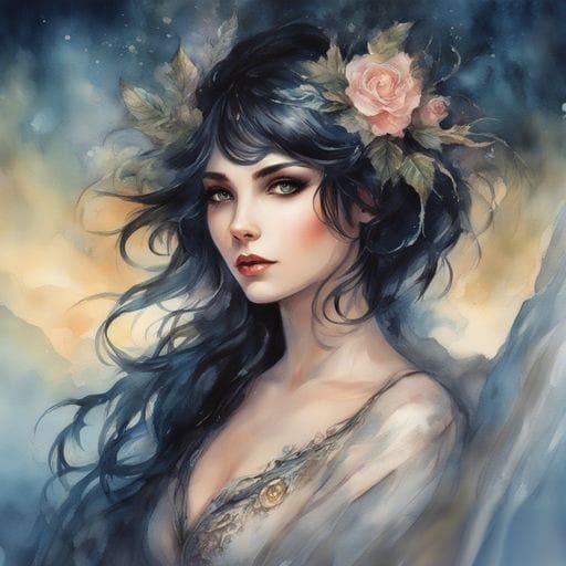 Dark Gothic Mistress in Lingerie: Watercolor Portrait