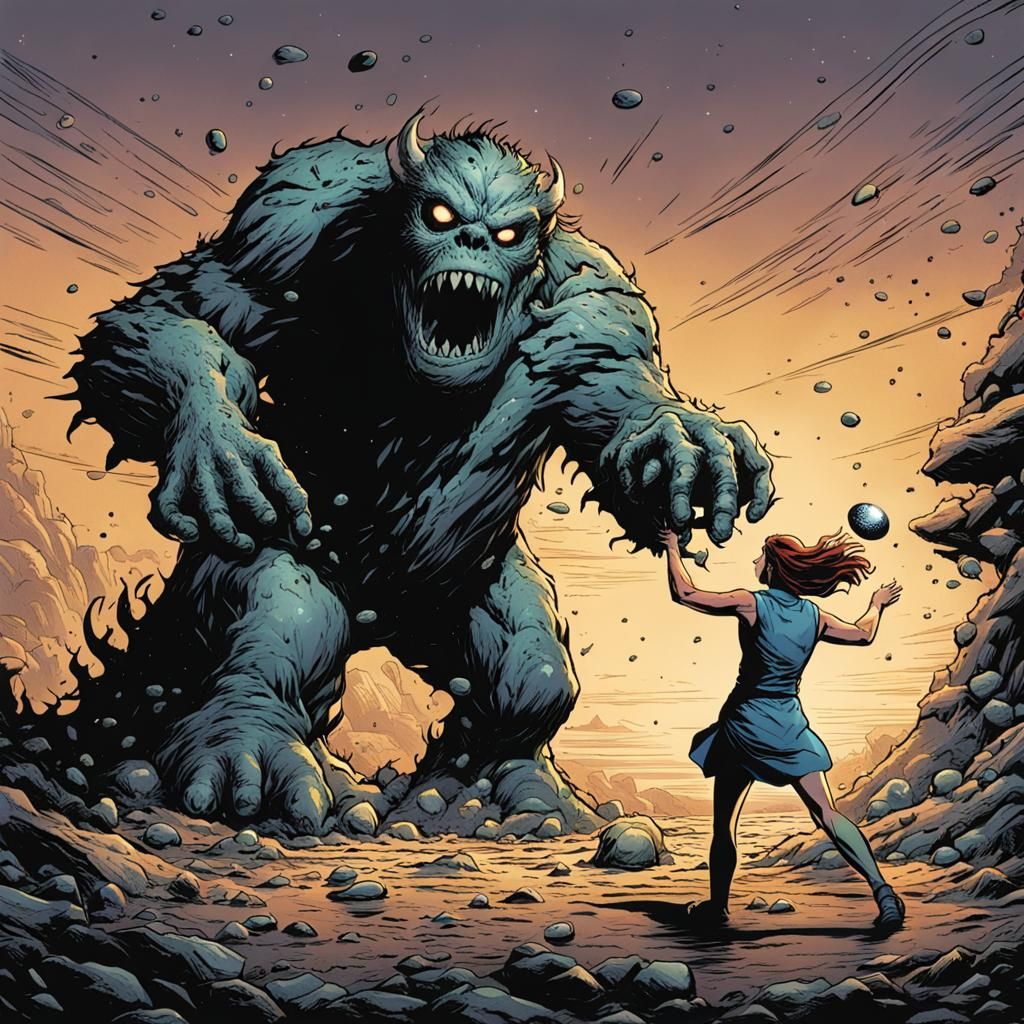 Woman Throws Pebble: Comic Book Style Art