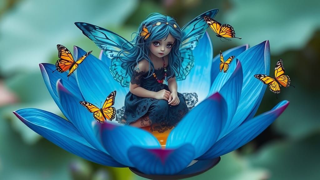 Gothic Pixie Goddess Radiates Balance on Iridescent Lotus