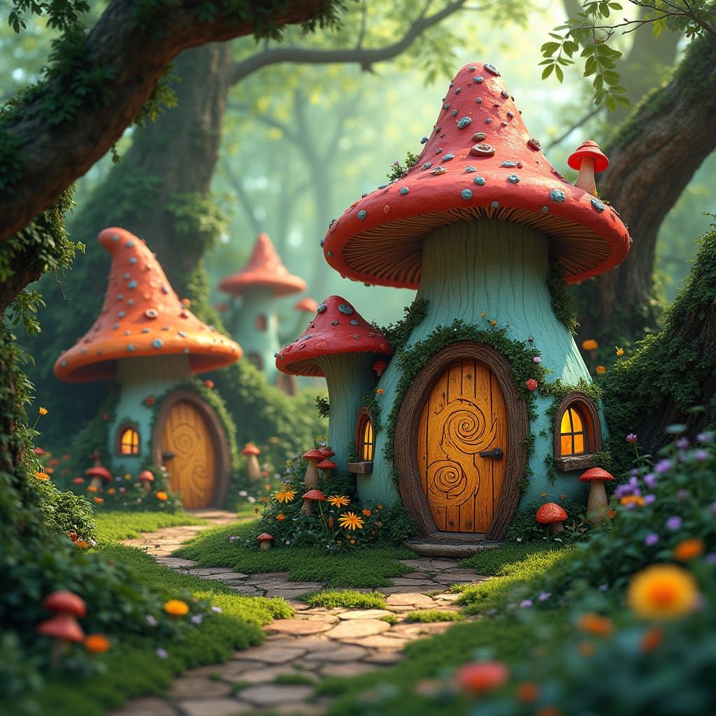 Whimsical Mushroom Village in a Vibrant Forest