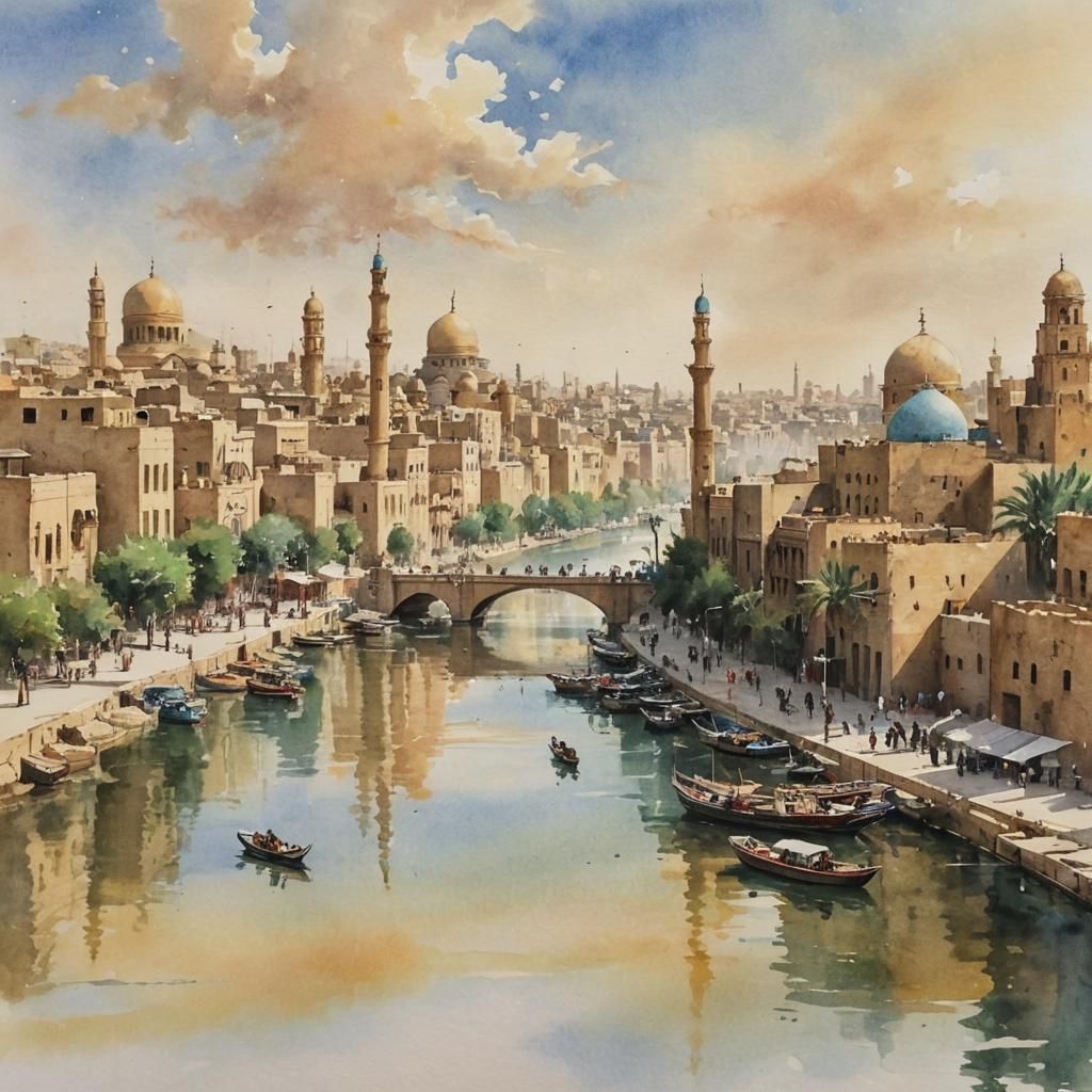 Baghdad Cityscape in Watercolor Painting Style