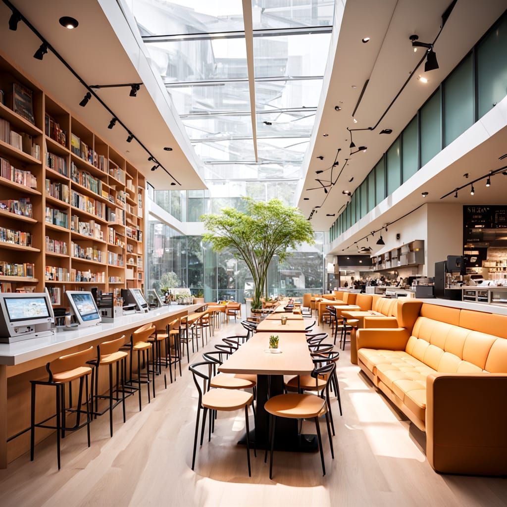 Modern Anime Cafe with Manga Bookshelves