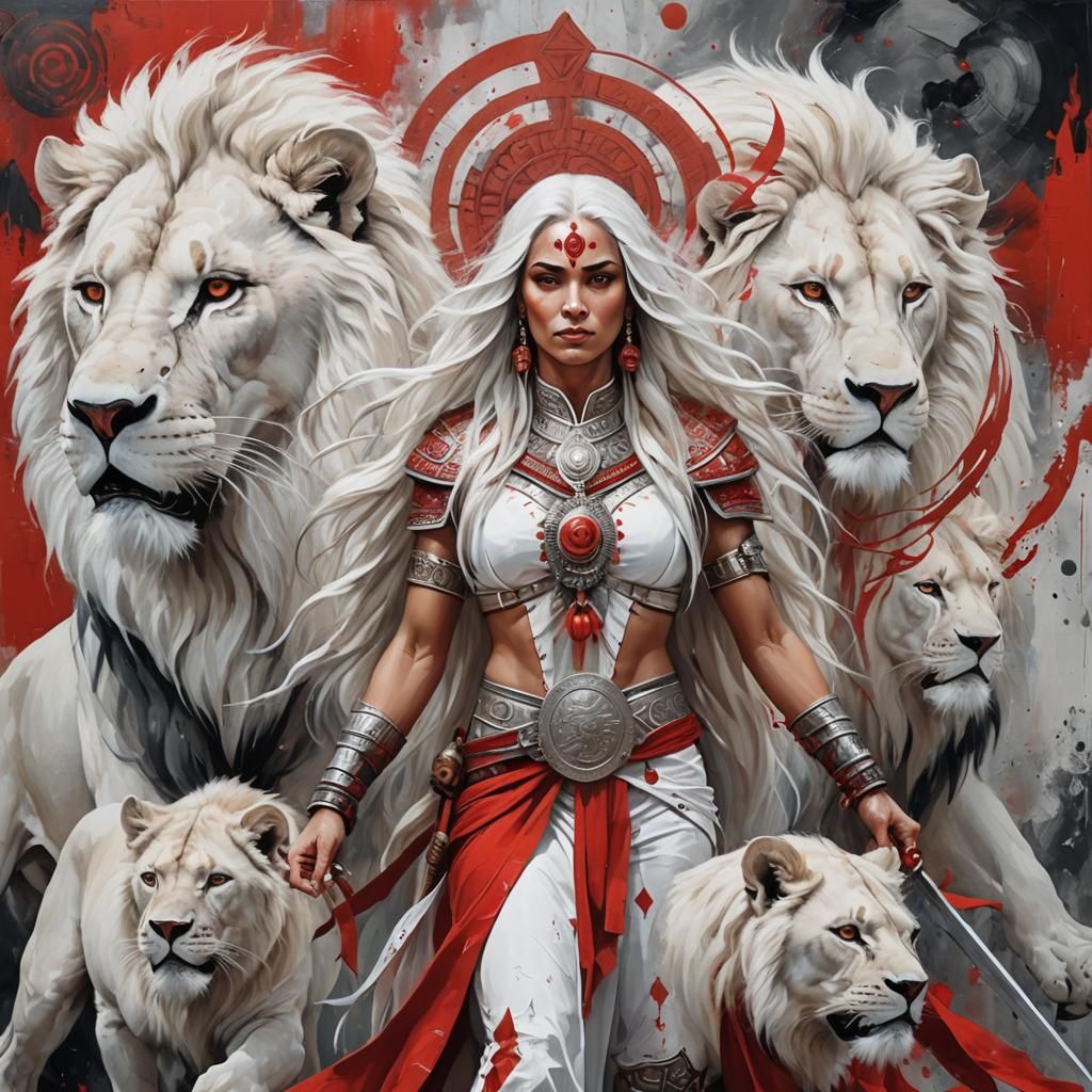Warrior Woman with Lion in Abstract Art Style