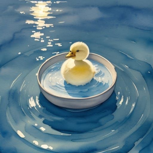 Whimsical Watercolor Duckling Basks in Moonlight