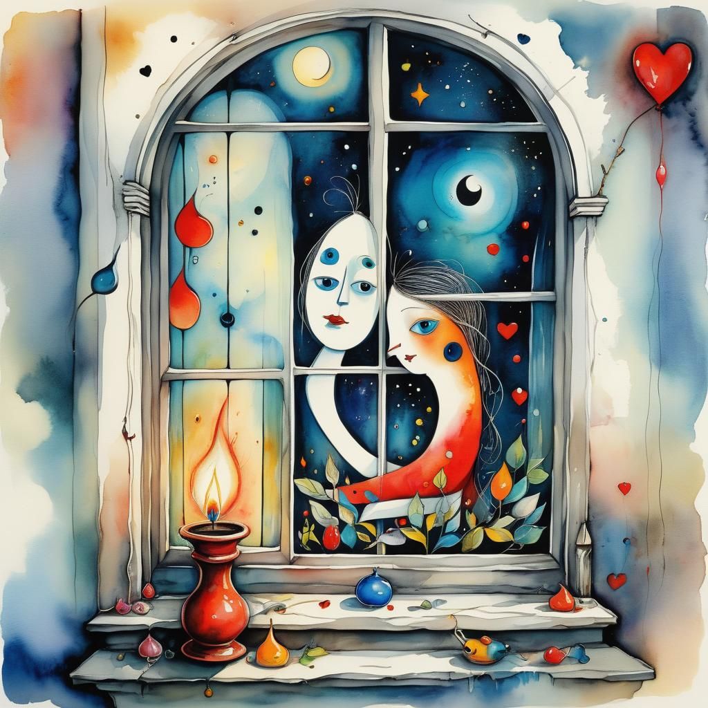 Surreal Candlelight Portrait in Watercolor and Ink