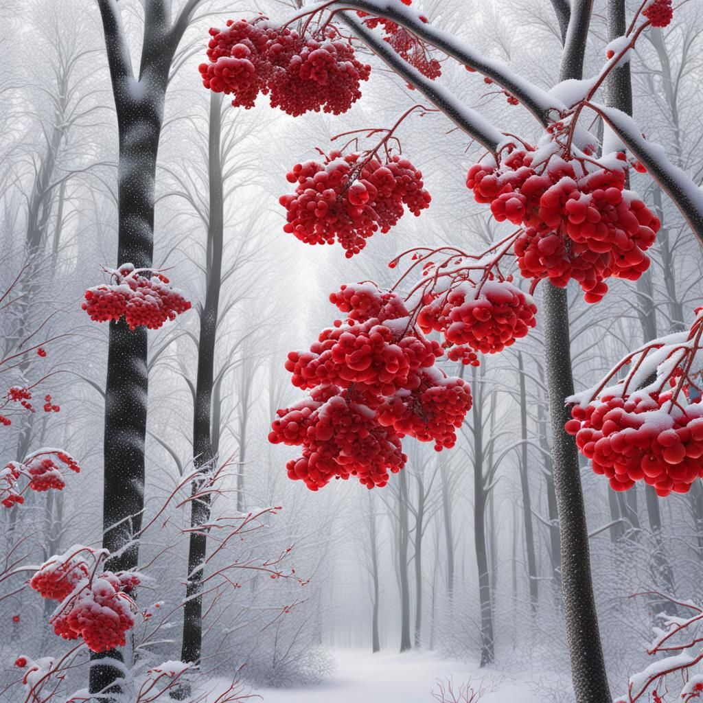 Winter Rowan Tree in Snow: Hyper-Realistic Photograph