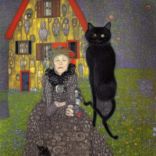 Steampunk Witch with Black Cat Graffiti Art