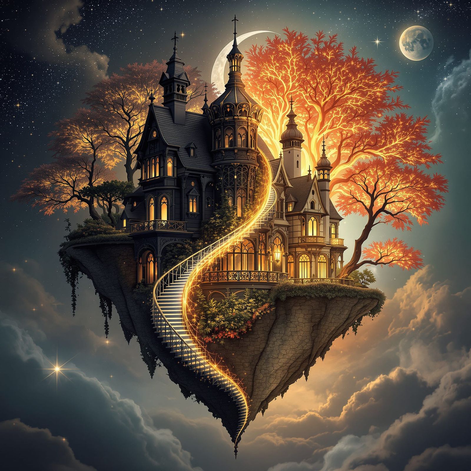 Surreal Floating Castle of Yin-Yang Harmony