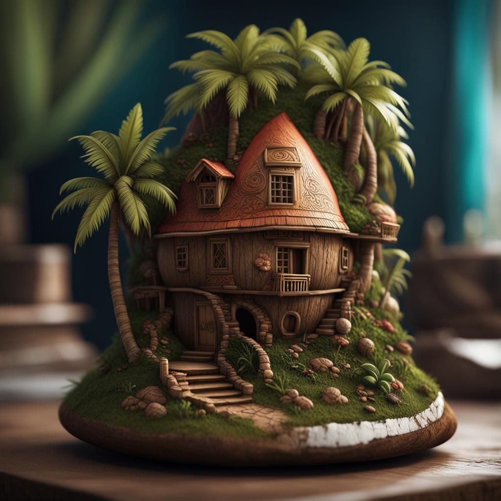 Miniature Coconut House with Intricate Details