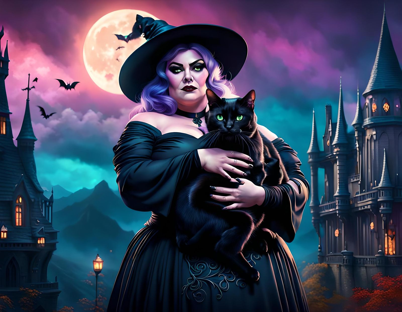 Fantasy Witch with Black Cat Artwork