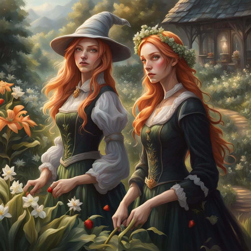 Witches tending a Lily of the Valley Garden
